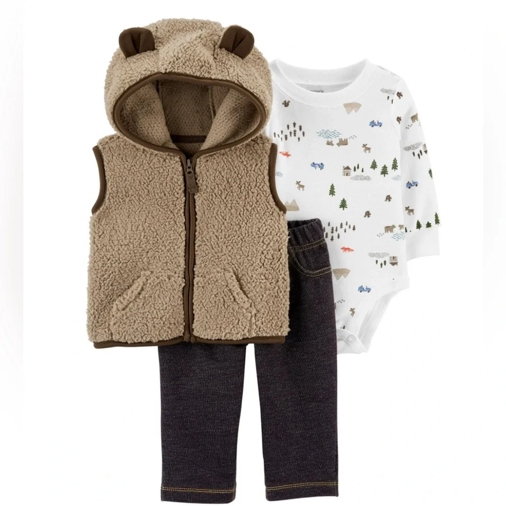 Carter's Baby 3-piece Sherpa Little Vest Set, Brown, 9M